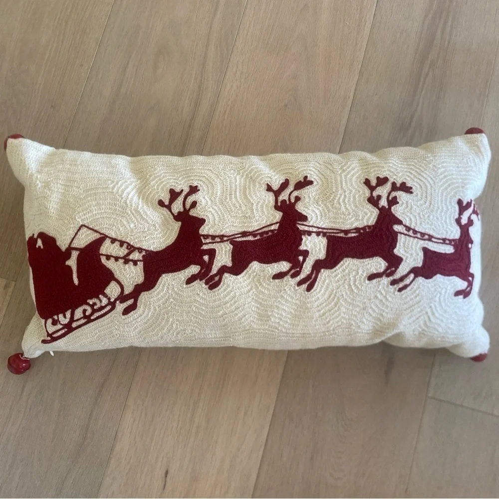 Pottery Barn Crewel Christmas Pillow Santa Reindeer Sleigh Bells 24 x 12